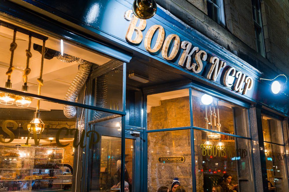 Books N' Cup Stockbridge shopfront at night